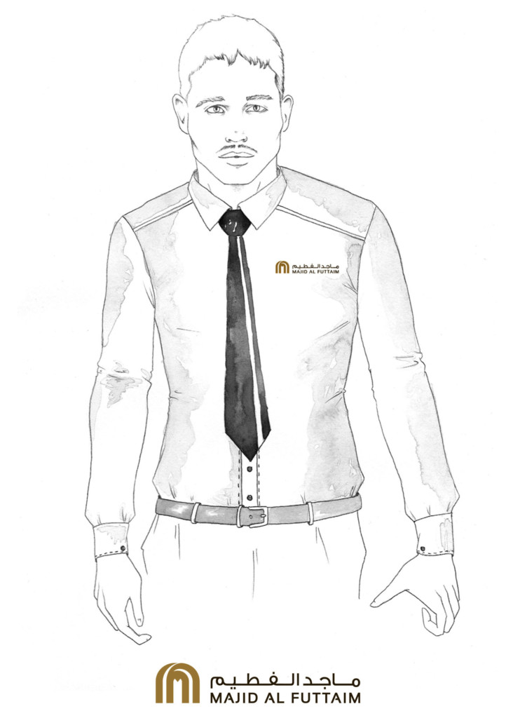 Ilustraciones de diseño de los uniformes de Majid al Futtam. Diseño masculino para la famosa marca de centros comerciales de Oriente Medio